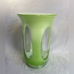 Mid Century Modern Glass Hand Blown Cased Vase Green Footed